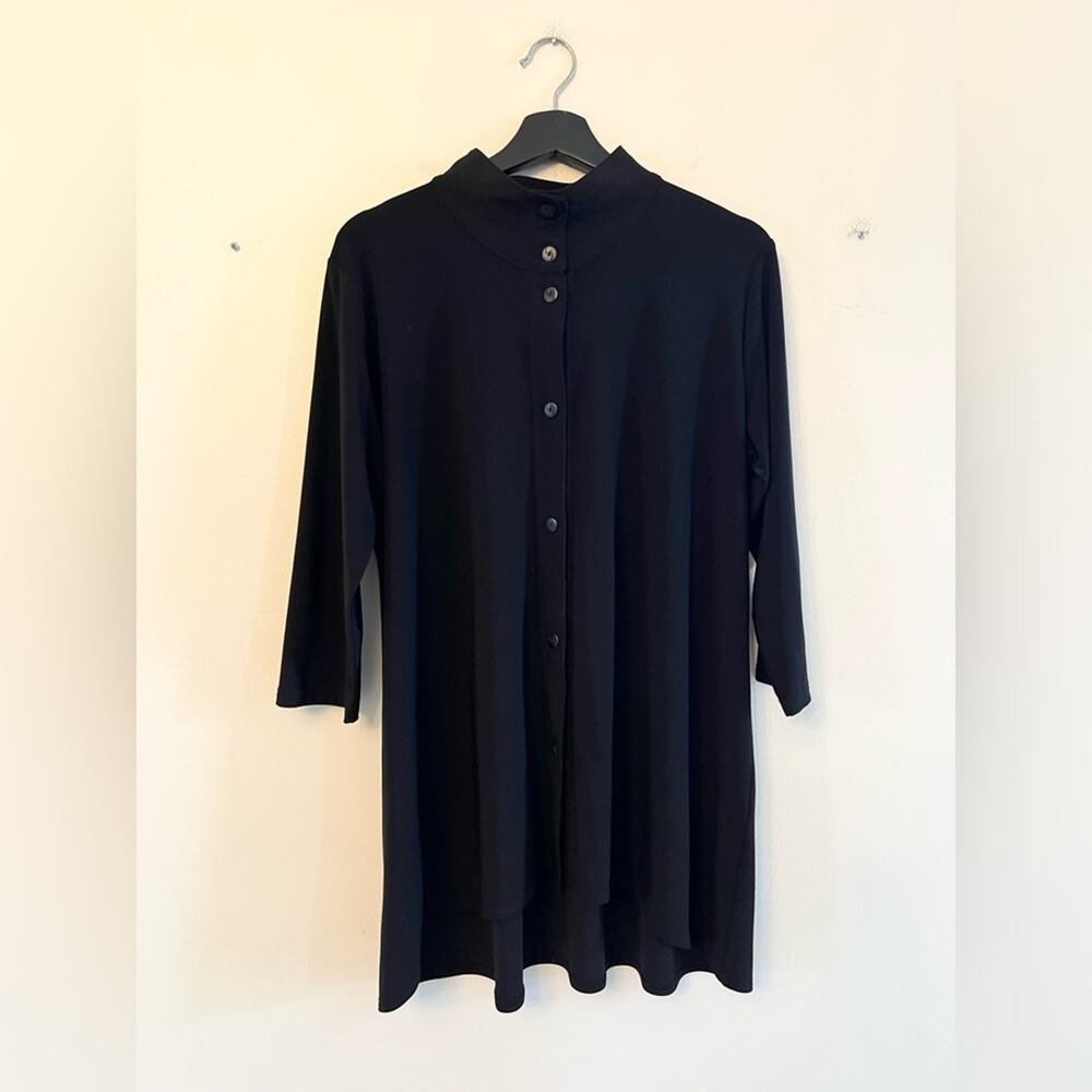 Sympli Canada black button front mock neck tunic blouse swing top jersey knit 14